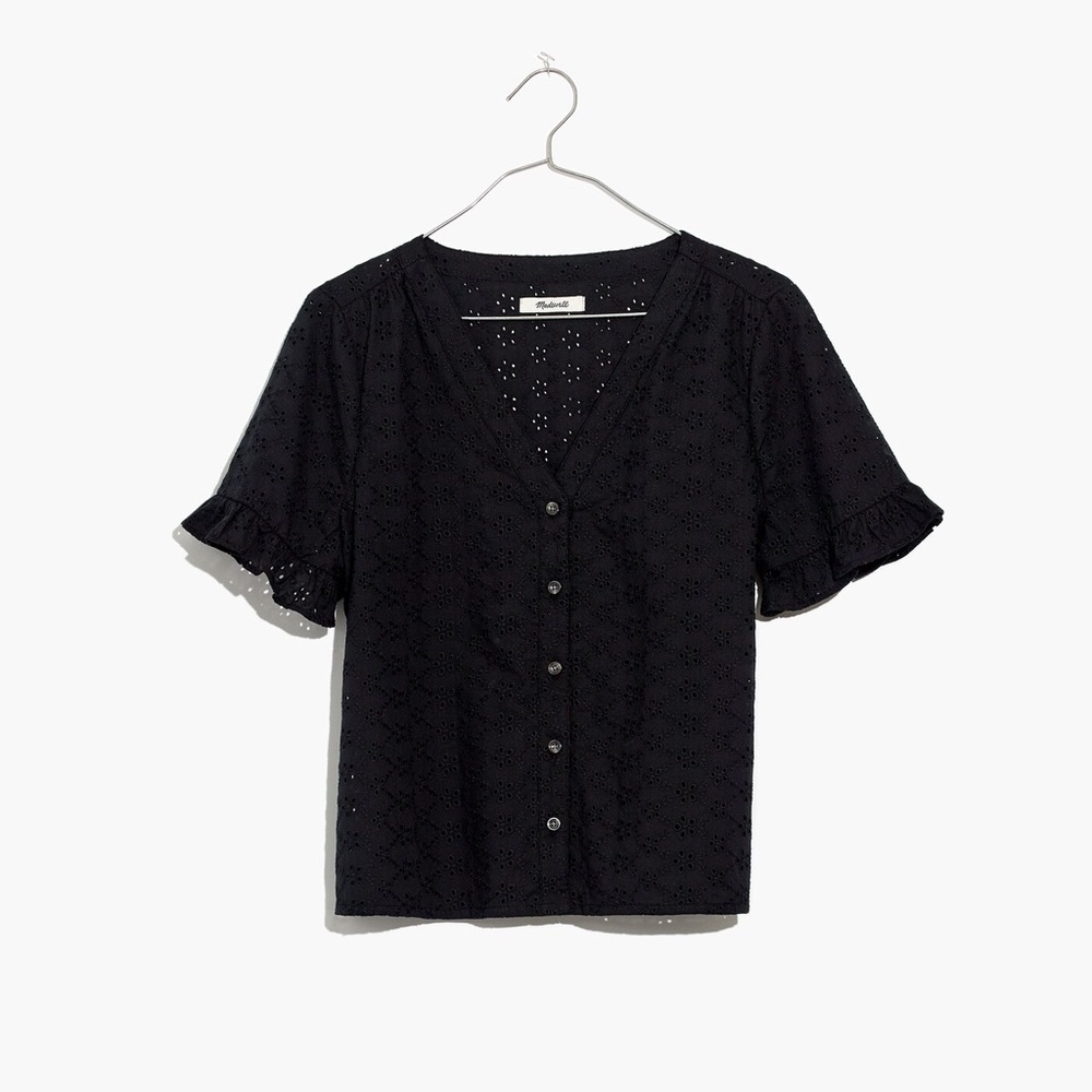 MADEWELL EYELET VILLAGE RUFFLE SLEEVE SHIRT IN TRUE BLACK SIZE Large